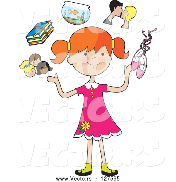Vector of Happy Cartoon Red Haired Girl Juggling Her Friends, School Books, Goldfish, Parents and Ballet Slippers