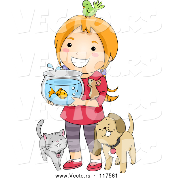Vector of Happy Cartoon Red Haired Girl with Her Pets