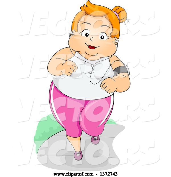 Vector of Happy Cartoon Red Haired White Chubby Lady Jogging and Listening to Music