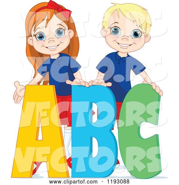 Vector of Happy Cartoon School Boy and Girl with ABC Alphabet Letters