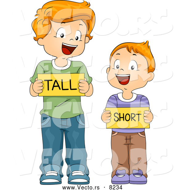 Vector of Happy Cartoon School Boys Holding 'Tall' and 'Short' Flash Cards