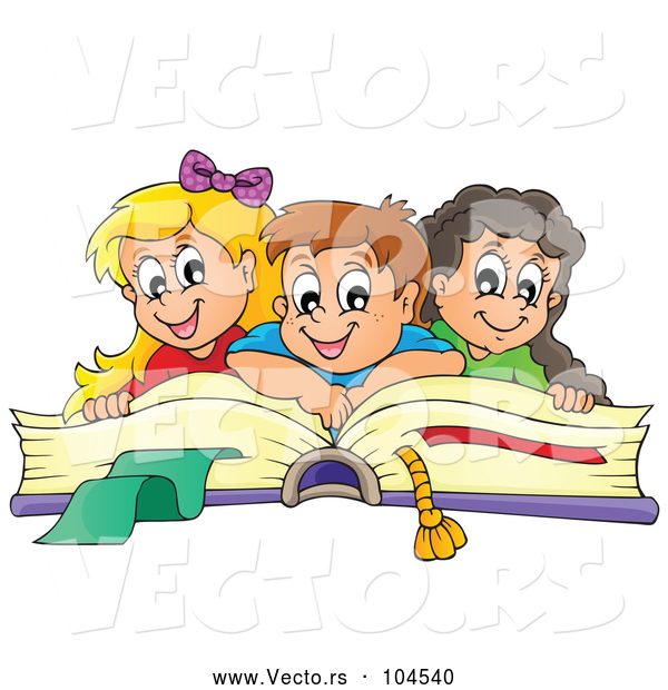 Vector of Happy Cartoon School KChildren on a Giant Book