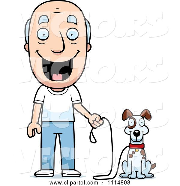 Vector of Happy Cartoon Senior Guy Ready to Walk His Dog