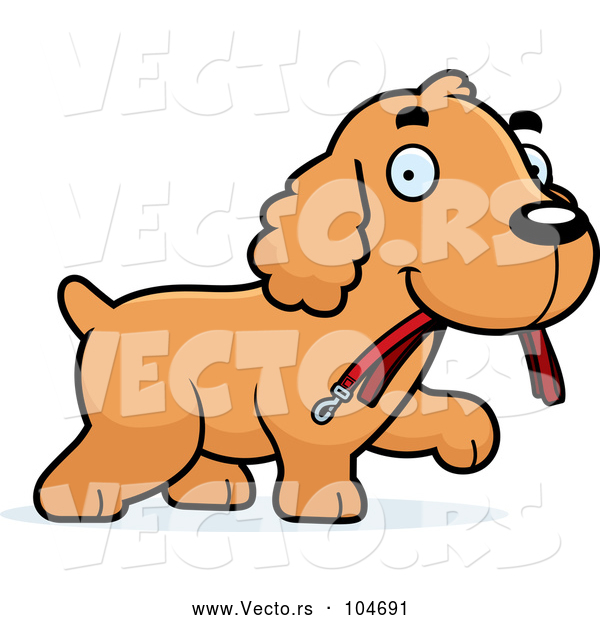 Vector of Happy Cartoon Spaniel Puppy Carrying a Leash