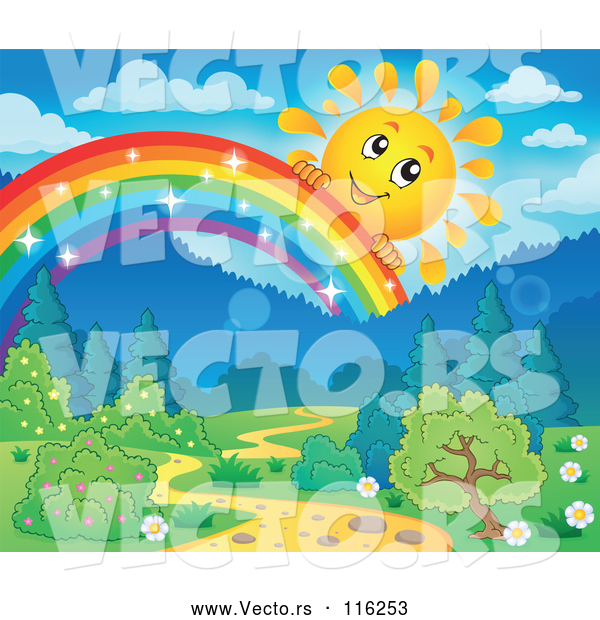 Vector of Happy Cartoon Sun Peeking over a Magical Rainbow over a Path and Forest