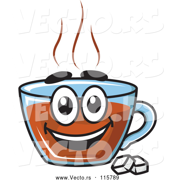Vector of Happy Cartoon Tea Cup Character with Sugar Cubes