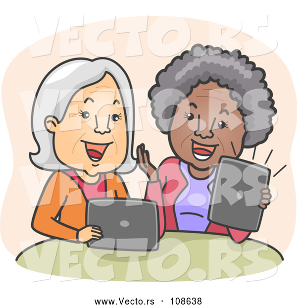 Vector of Happy Cartoon White and Black Senior Women Laughing and Video Streaming on Their Laptop and Tablet Computers