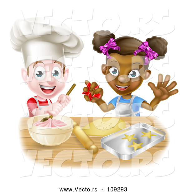 Vector of Happy Cartoon White Boy Making Frosting and Black Girl Making Cookies