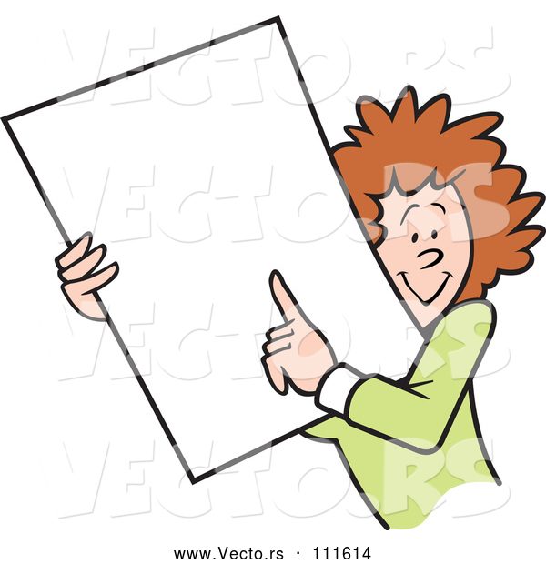 Vector of Happy Cartoon White Businesswoman Holding and Pointing to a Blank Sign or Document