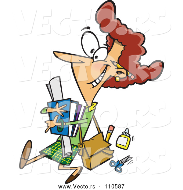 Vector of Happy Cartoon White Female Teacher Carrying Supplies and Walking
