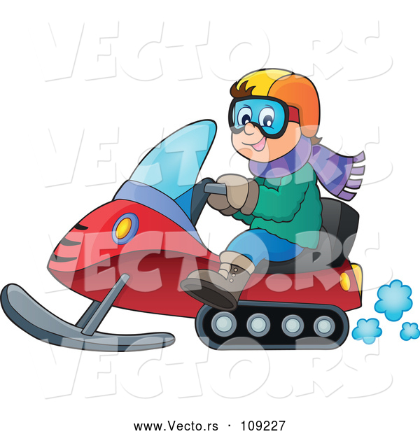 Vector of Happy Cartoon White Guy Driving a Snowmobile