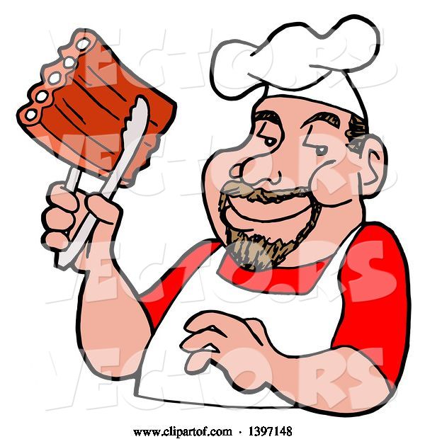 Vector of Happy Cartoon White Male BBQ Chef Holding Ribs with Tongs