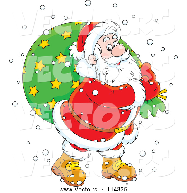 Vector of Happy CartoonWhite Santa Claus Carrying Sack in the Snow, over a Green Circle