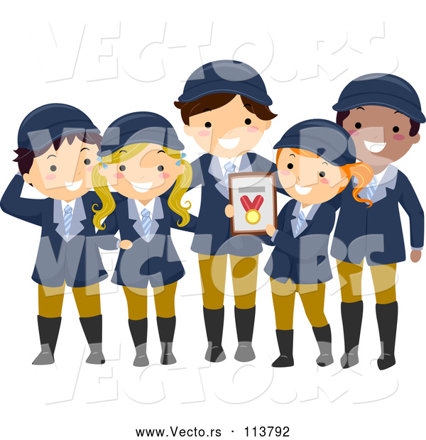 Vector of Happy Child Equestrian Team Holding a Medal