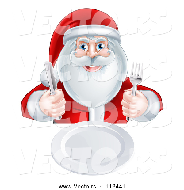 Vector of Happy Christmas Santa Claus Sitting with a Clean Plate and Holding Silverware