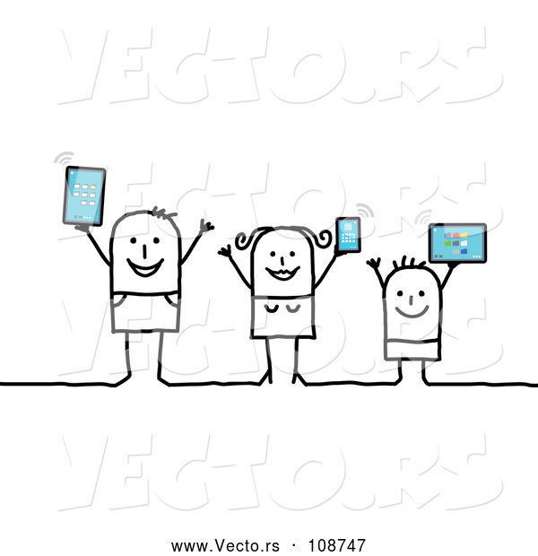 Vector of Happy Connected Stick Family Holding up Tablet Computers and a Smart Phone