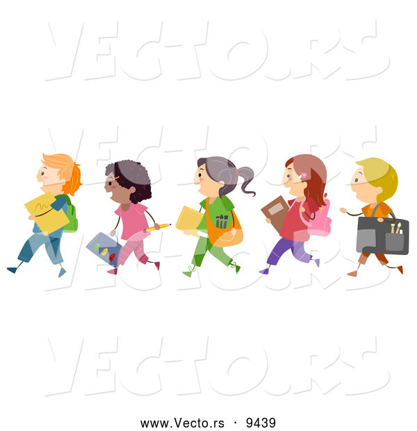 Vector of Happy Diverse Cartoon Children Walking in Line to Art School