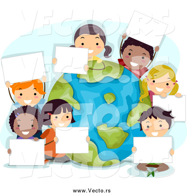 Vector of Happy Diverse Kids Holding Signs Around a Globe on Earth Day