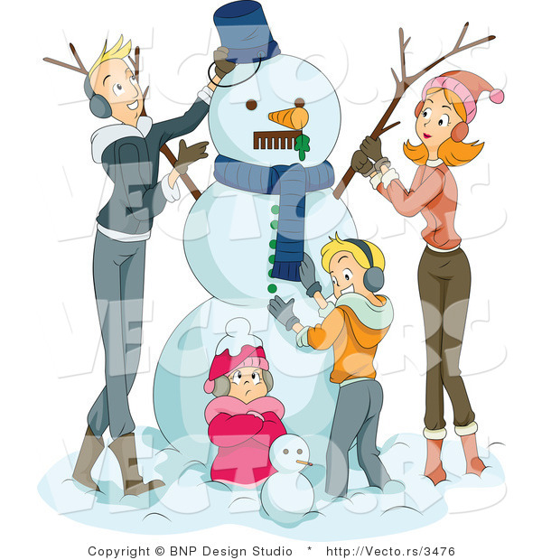 Vector of Happy Family of 4 Making a Snowman Together