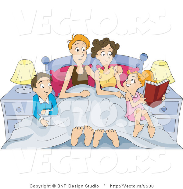 Vector of Happy Family Sitting in Bed and Reading Book