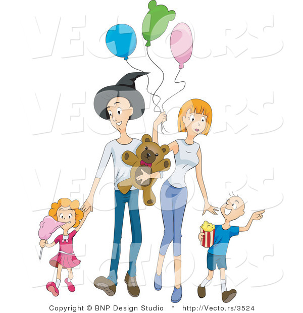 Vector of Happy Family Walking Through Amusement Park