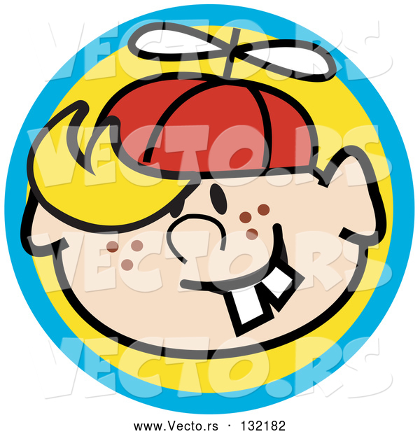 Vector of Happy Freckled Blond Haired Boy with Buck Teeth, Wearing a Spinner Hat