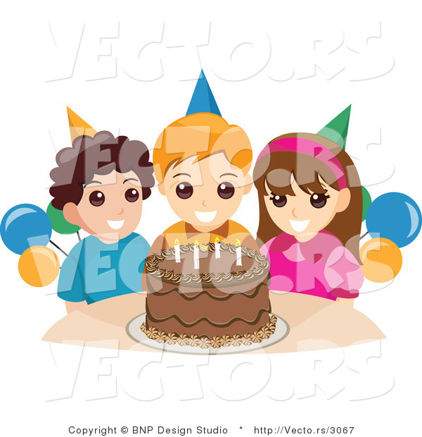 Vector of Happy Girl and Boys Standing Around a Chocolate Birthday Cake