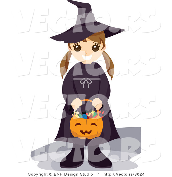 Vector of Happy Girl Holding Pumpkin Basket While Wearing Witch Costume