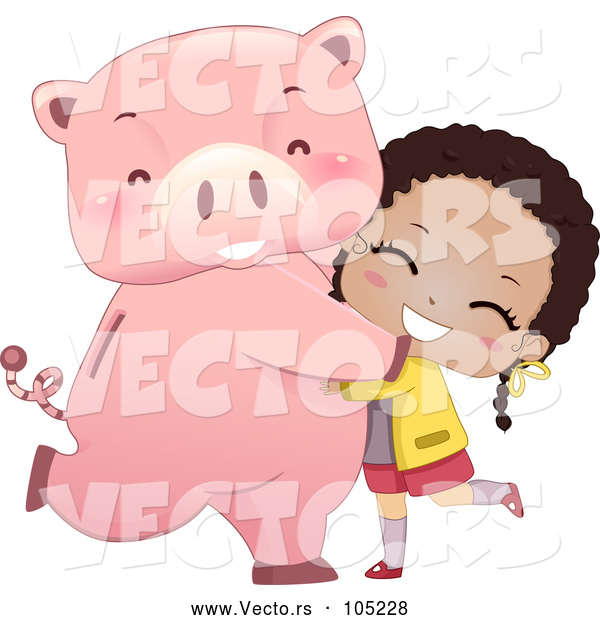 Vector of Happy Girl Hugging or Dancing with Her Piggy Bank