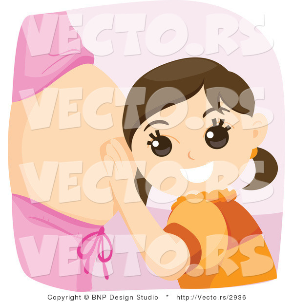 Vector of Happy Girl Listening to Her Pregnant Mom's Stomach
