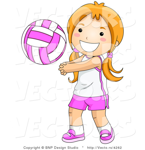 Vector of Happy Girl Playing Game of Volleyball