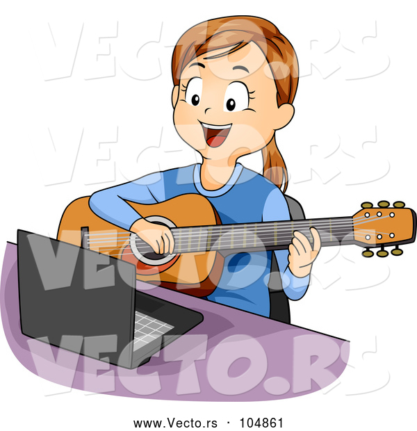 Vector of Happy Girl Playing Guitar Lessons from Online Computer Tutorial