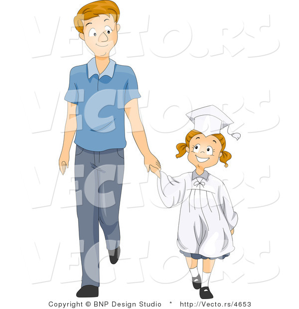 Vector of Happy Graduate Girl Holding Dad's Hand While Walking Forward - Cartoon Styled
