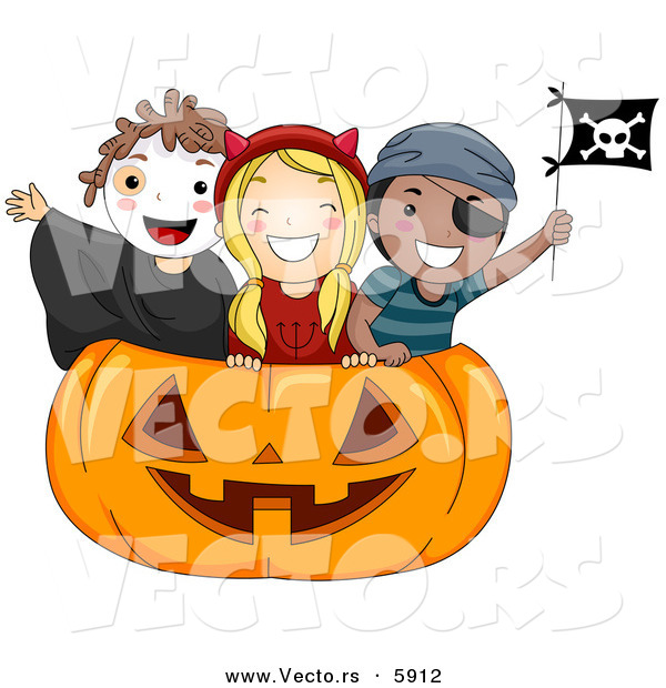 Vector of Happy Halloween Cartoon Kids Inside a Giant Carved Pumpkin