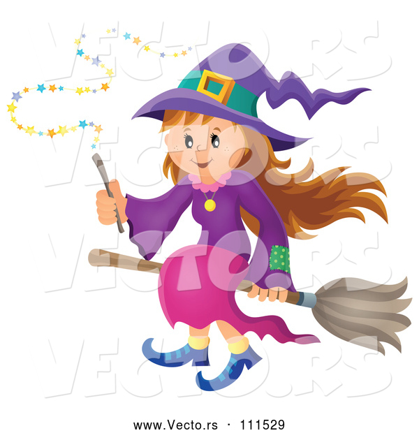 Vector of Happy Halloween Witch Girl Sitting on a Broom and Holding a Magic Wand