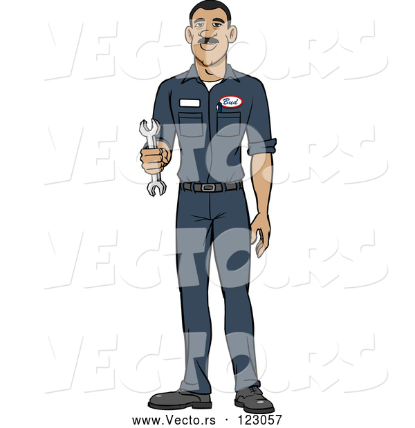 Vector of Happy Hispanic Male Auto Mechanic Holding a Wrench