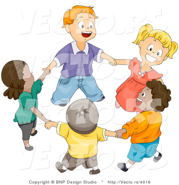 Vector of Happy Kids Holding Hands and Walking in a Circle - Diverse Cartoon Design