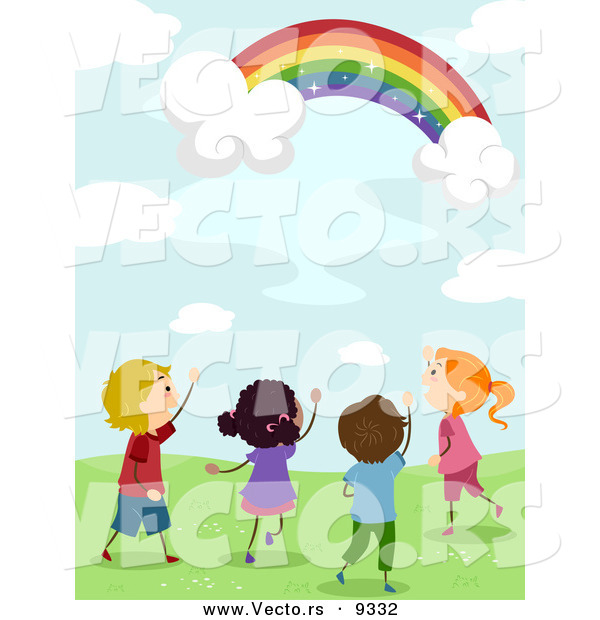 Vector of Happy Kids Looking at a Magical Rainbow in a Sky with Clouds