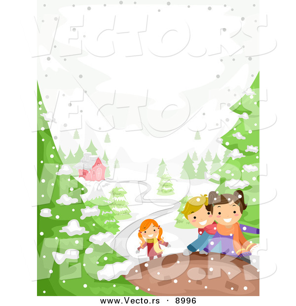 Vector of Happy Kids Playing in Winter Snow near a House