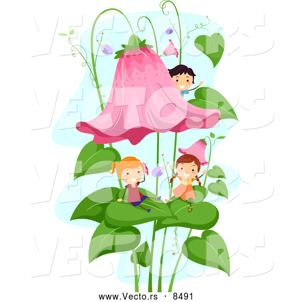 Vector of Happy Kids Playing on Flowers and Leaves