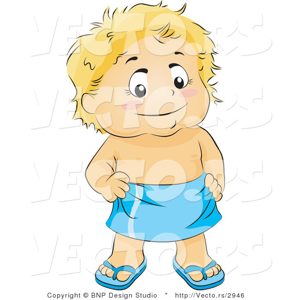Vector of Happy Little Boy Wearing Sandals and a Towel