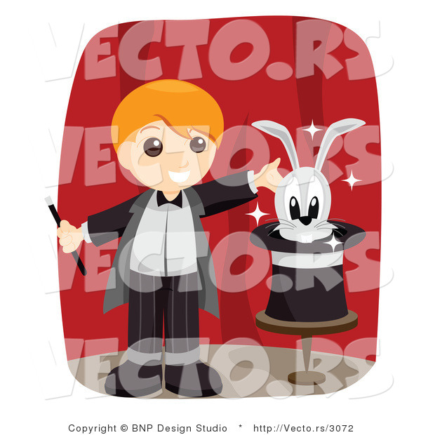 Vector of Happy Magician Boy Presenting a Rabbit in a Hat on a Stage