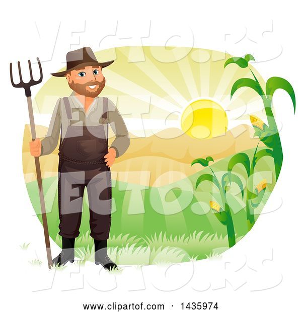 Vector of Happy Male Farmer in Overalls, Holding a Rake Against Hills and a Sunrise
