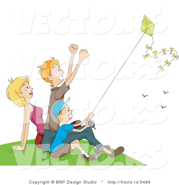 Vector of Happy Mom, Dad and Boy Flying a Kite at a Park