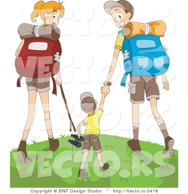 Vector of Happy Mom, Dad and Son Hiking Together