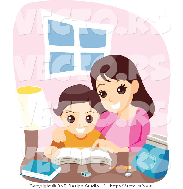 Vector of Happy Mother Helping Son with School Work