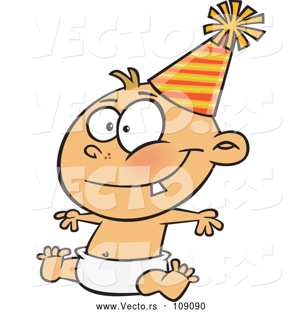 Vector of Happy New Year Caucasian Baby Sitting in a Diaper and Wearing a Party Hat
