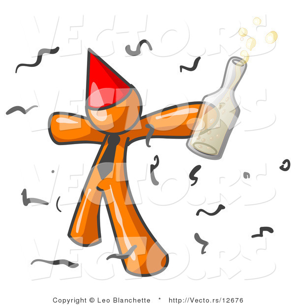 Vector of Happy Orange Guy Partying with a Party Hat, Confetti and a Bottle of Liquor