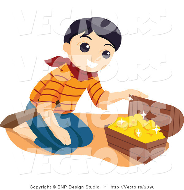Vector of Happy Pirate Boy Looking at Treasure Chest Full of Gold
