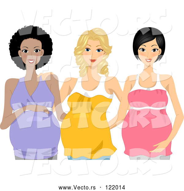 Vector of Happy Pregnant Black White and Asian Women Posing Together
